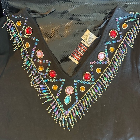 Vintage Bejeweled Black Bodysuit Sz L Rhinestone Long Sleeve Glam Festival A142 - Picture 5 of 5